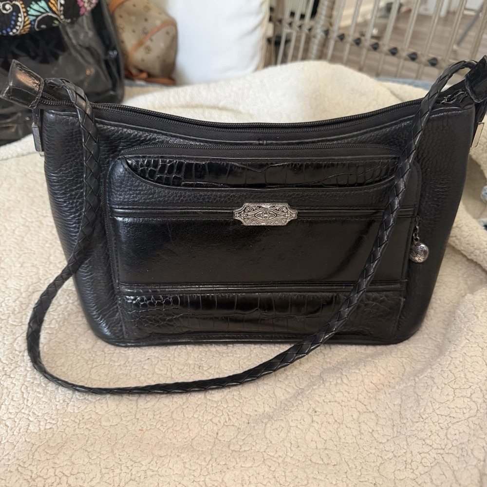 Brighton Black Leather Organizer Shoulder Bag Croc Embossed Purse Medium